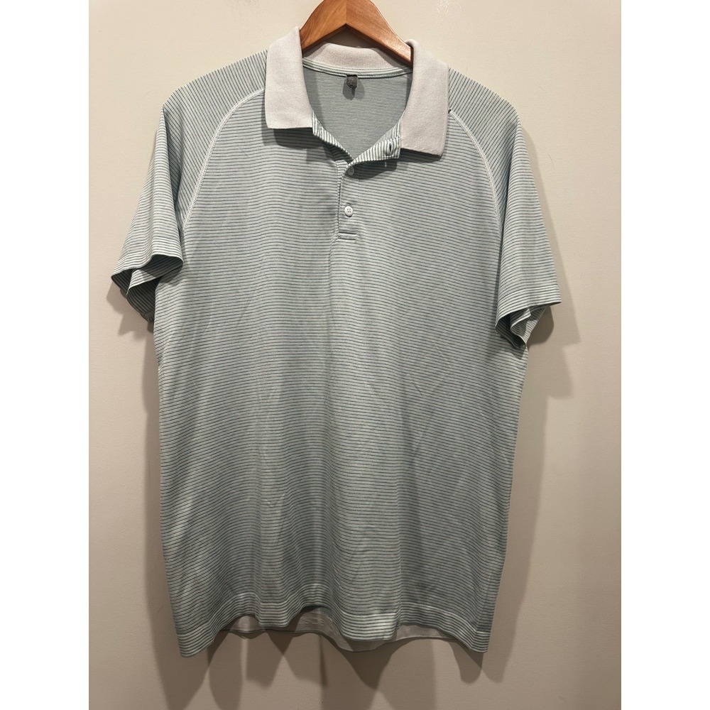 Lululemon Metal Vent Tech Polo Shirt Mens Green White Micro Stripe Short Sleeve